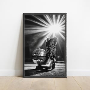 Cowgirl Boots Disco Wall Art For Bar Cart Poster Disco Ball Prints For Girls Dorm Room Decor Digital Download Black And White Disco Poster