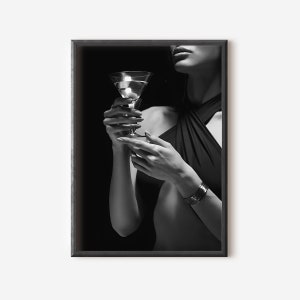 Woman Holding Olive Martini Poster Black And White Bar Cart Decor Digital Download Luxury Home Bar Decor Retro Olive Martini Glasses Prints
