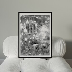 Disco Birthday Party Print Champagne Flutes Disco Ball Poster Black White Bar Cart Art Decor Digital Download Retro Mirrorball Home Decor