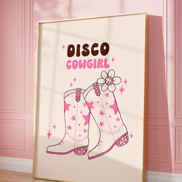 Disco Cowgirl Prints Preppy Disco Wall Art Digital Download Pink Girls Dorm Room Decor Trendy Western Poster Cowgirl Boots Art Printable