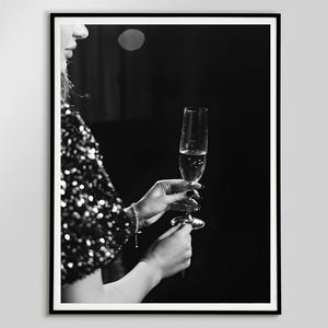 Woman Holding Champagne Flute Poster Black And White Bar Cart Wall Art Luxury Champagne Prints Modern Home Bar Wall Art Feminist Prints