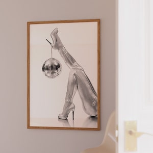 Woman Heels Disco Party Wall Art Black White Disco Ball Poster Digital Download Vintage Mirrorball Bar Cart Printable Girly Dorm Room Decor