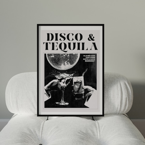 Disco Tequila Poster Black White Bar Cart Wall Art Digital Download Female Cocktail Bar Drinks Print Retro Disco Party 1970s Printable
