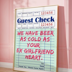 Funny Guest Check Print Bar Cart Wall Decor Digital Download Girly Dorm Room Decor Beer Saying Poster Bar Drinks Sign Alcohol Quote Print