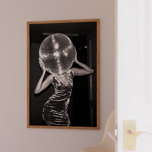 Woman Disco Ball Head Poster Funky Disco 1970s Black White Wall Art Digital Download Luxury Mirrorball Printable Girly Dorm Room Decor