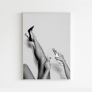 Female Pouring Champagne Print Black White Wall Art Retro Woman Fashion Poster Modern Bar Cart Wall Decor Luxury Alcohol Dorm Room Decor