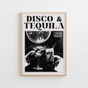Disco Tequila Poster Black White Bar Cart Wall Art Digital Download Female Cocktail Bar Drinks Print Retro Disco Party 1970s Printable