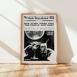 Disco and Martini Newspaper Prints Black And White Bar Cart Wall Art New York News Poster Digital Download Disco Party 70s Printable