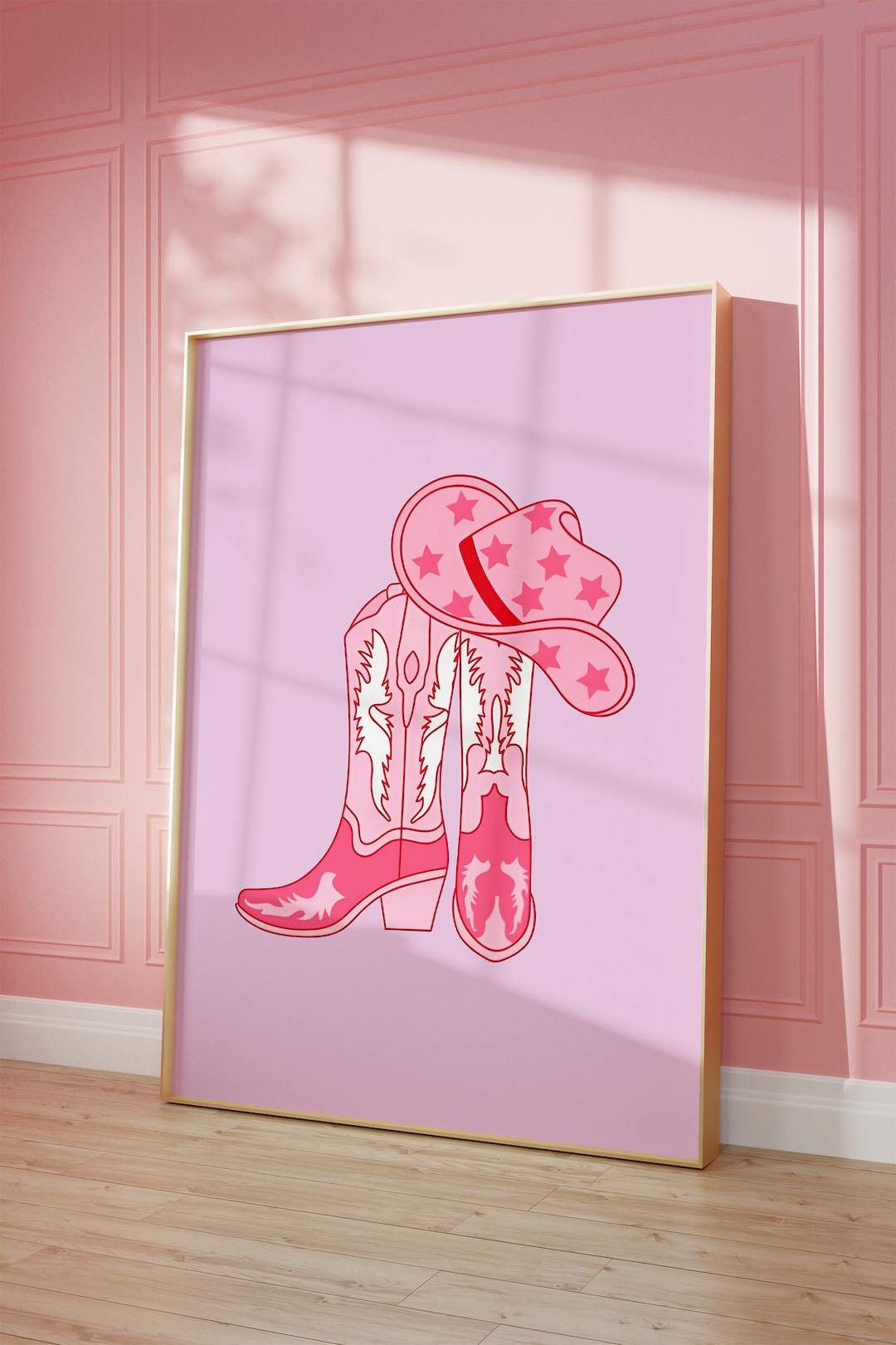 Preppy Cowgirl Print Girly Dorm Room Decor Western Boots Poster Pink Cowboy Hat Wall Art Digital ...