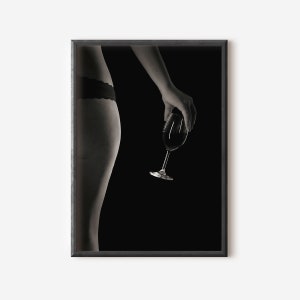 Luxury Wine Glass Poster Black And White Bar Cart Decor Digital Artwork Sexy Woman Holding Wine Prints Modern Home Bar Decor Alcohol Poster