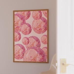 Pink Disco Ball Poster Groovy Bar Cart Wall Art Digital Download Trendy Mirrorball Art Printable Girly Dorm Room Decor Funky Disco Party