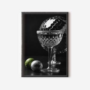 Disco Tequila Print Black And White Bar Cart Decor Digital Artwork Retro Disco Ball Poster Tequila Glasses Modern Alcohol Poster