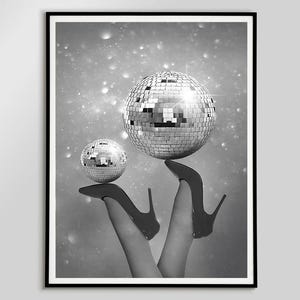 Woman Disco Heels Poster Black And White Disco Ball Wall Art Digital Prints Retro Mirrorball Poster Modern Bar Cart Prints Girls Room Decor