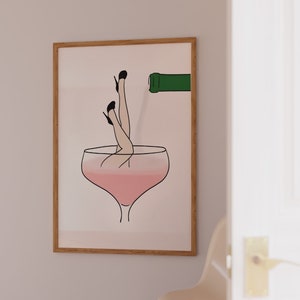 Female Pouring Champagne Print Trendy Bar Cart Wall Art Digital Download Girly Cocktail Poster Retro Bar Mixology Printable Dorm Room Decor