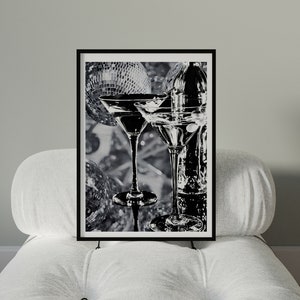 Martini Black White Bar Cart Poster Retro Cocktail Disco Ball Wall Art Digital Download Vintage Alcohol Print Disco 1970s Era Printable