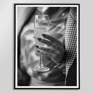 Woman Holding Champagne Flutes Poster Black and White Bar Cart Wall Art Luxury Champagne Prints Modern Feminist Wall Art Home Bar Poster
