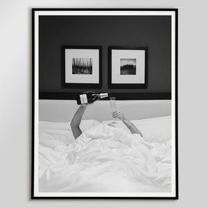 Champagne Wall Art Black And White Bar Cart Poster Woman In Bed Holding Champagne Print Digital Artwork Girls Dorm Room Decor Alcohol Poster