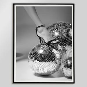 Mirrorball Poster Woman Disco Heels Prints Funky Disco Wall Art Digital Download Black And White Bar Cart Poster Girls Dorm Room Decor