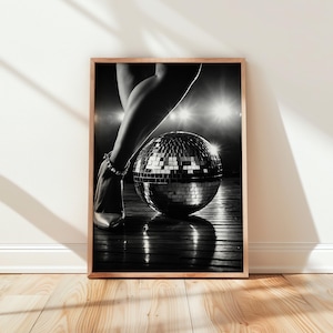 Woman Disco Heels Prints Disco Ball Wall Art Bar Cart Black And White Poster Disco 70s Printable Digital Download Retro Mirror Ball Poster