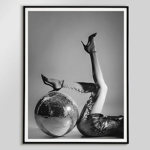 Woman Disco Heels Poster Black And White Disco Ball Wall Art Digital Prints Retro Bar Cart Poster Feminist Wall Art Mirrorball Prints Decor