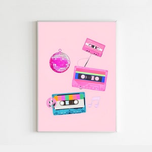 Funky Disco Wall Art Preppy Disco Ball Print Cassette Tape Disco Party Poster Digital Download Girly Dorm Room Decor Trendy Music Printable