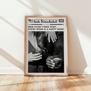 Happy Hour Prints Above Bar Cart Poster Black And White Newspaper Printable Retro Home Bar Wall Decor Digital Download New York News Prints