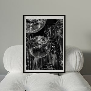 Black White Disco Ball Wall Art Luxury Bar Cart Art Decor Digital Download Female Room Printable Retro Mirrorball Poster Disco 1970s Era