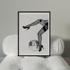 Woman Heels Disco Ball Poster Black White Bar Cart Wall Art Digital Download Luxury Female Mirrorball Printable Retro Girly Dorm Room Decor