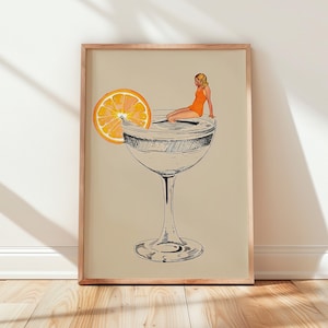 Orange Cocktail Poster Retro Bar Cart Wall Art Digital Download Surrealism Alcohol Print Modern Home Bar Decor Female Dorm Room Decor