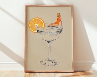 Orange Cocktail Poster Retro Bar Cart Wall Art Digital Download Surrealism Alcohol Print Modern Home Bar Decor Female Dorm Room Decor