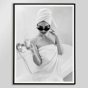 Woman Holding Champagne Flutes Poster Bathroom Prints Black And White Bar Cart Wall Art Digital Prints Feminist Poster Champagne Bath Poster