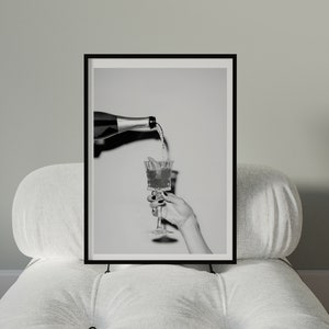 Pouring Champagne Print Female Bar Cart Wall Art Black White Poster Digital Download Retro Alcohol Printable Modern Girly Home Bar decor