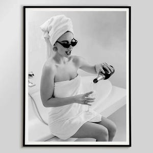 Pouring Champagne Poster Female Bathroom Printable Black White Bar Cart Prints Retro Alcohol Wall Art Digital Download Champagne Problems