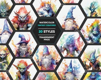 Watercolor Fantasy Creatures Clipart, Troll PNG, Goblin PNG Pack, Transparent Water Color Gnome, Fantasy PNGs, Elf Clipart