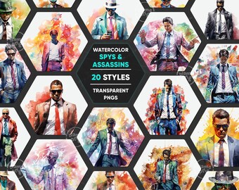 Watercolor Spy Clipart, Water color Assassin PNG, Secret Agent Illustrations, Undercover Operative Clip Art, Suited Intelligence Officer Art