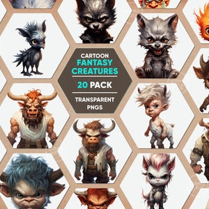 Cartoon Fantasy Creature Clipart Pack, Baby Fantasy Character PNG, Baby Unicorn Clipart, phoenix PNG, Centaur Clipart, Minotaur, Werewolf