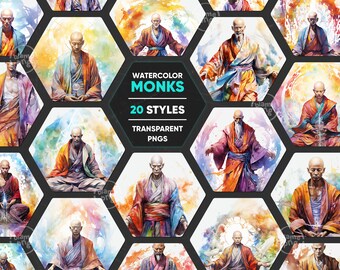 Watercolor Monk Clipart, Buddhist Monk PNG, Transparent Background, Meditating Monk Illustration, Bald Monk Clipart, Spiritual Monk Art