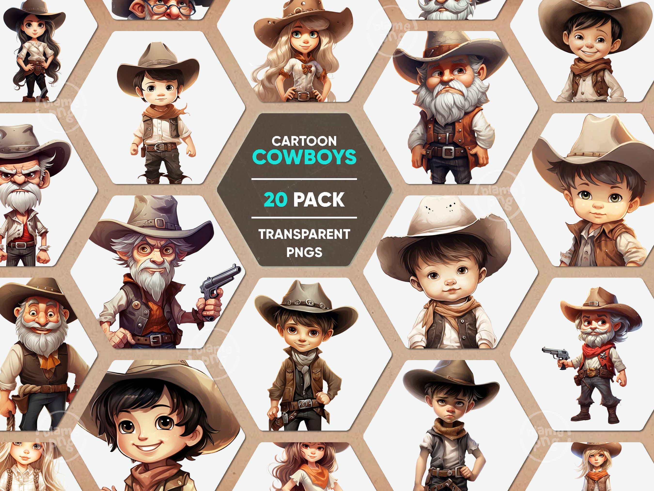 Cute Cowboy Clipart, Baby Cowboys PNG, Cowgirl Clip art, Kids Cowboy Transparent Background PNGs, Senior Cowboys Caricature Pack.