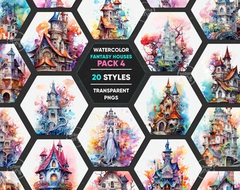 Watercolor Fantasy Houses PNG, Fantasy Clipart, Fantasy Castle Clip Art, Fairy Tale Clipart, Magic Castle Clip art, Fairy Castle