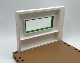 Compatible con Playmobil - Ampliación de pared de 165 mm con ventana y marco verde - Poste derecho y pasadores seleccionables, ¡pieza de repuesto impresa en 3D!