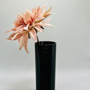Könnte beinhalten: Eine einzelne rosa Blume in einer schwarzen zylindrischen Vase. Die Blume hat viele Blütenblätter und steht in voller Blüte.