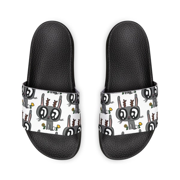 Youth PU Slide Sandals, Kids, Slides, Black, White, Sports, Soccer, Kawaii, Cute, Deer, Jackalope, Deer, Bunny, Floral