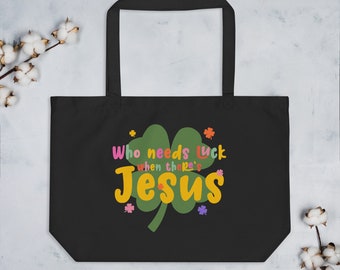 Large organic tote bag, Christian Tote, Luck, Jesus, Clover, Retro, Book, Library, Books, Colorful, Hippie, Groovy, Saint Patrick’s Day,