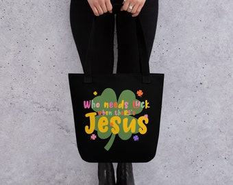 Tote bag, Christian Tote Bag, Luck, Jesus, Book Bag, Bookish, Library, Church, Faith, St. Patrick’s Day, Clover