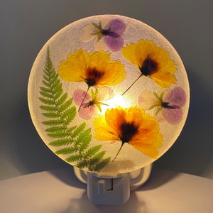 May include: A round night light featuring pressed flowers and a fern. The flowers are yellow and purple, with a green fern leaf. The night light has an on/off switch and a white base.