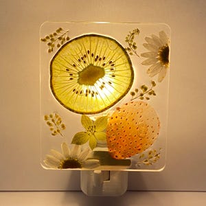 May include: A square night light featuring a slice of kiwi, a strawberry, and white daisies encased in clear resin. The night light has a white plug and is illuminated from within, creating a warm glow.