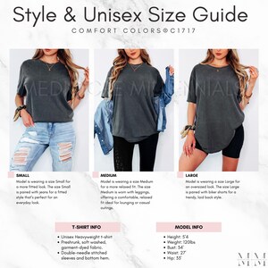May include: Unisex t-shirt size guide with three models wearing the same charcoal grey t-shirt in different sizes: small, medium, and large. The size guide includes measurements for height, weight, bust, waist, and hip. The text "COMFORT COLORS C1717" is at the top of the image.