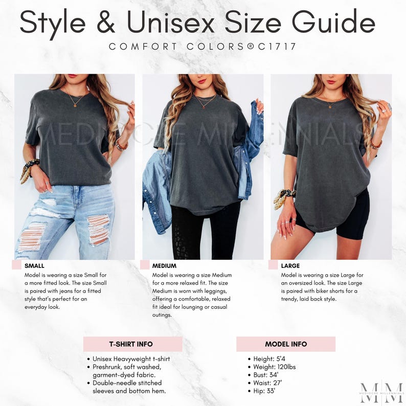 May include: Unisex t-shirt size guide with three models wearing the same charcoal grey t-shirt in different sizes: small, medium, and large. The size guide includes measurements for height, weight, bust, waist, and hip. The text "COMFORT COLORS C1717" is at the top of the image.
