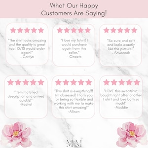Puede incluir: Gr&aacute;fico con testimonios de clientes y valoraciones con estrellas rosas. El texto dice: "&iexcl;Lo que dicen nuestros clientes satisfechos!" e incluye citas sobre la calidad de las camisetas, la coincidencia de las descripciones y la satisfacci&oacute;n general. Acentos florales enmarcan la parte inferior.