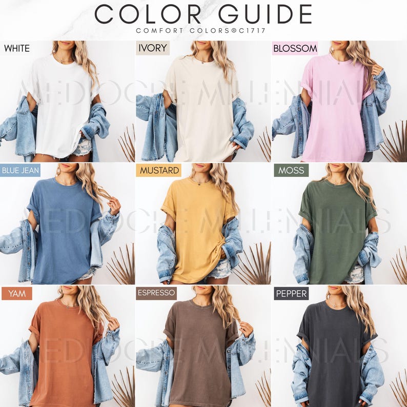May include: Color guide for t-shirts in various colors, including white, ivory, blossom, blue jean, mustard, moss, yam, espresso, and pepper. The t-shirts are shown on models wearing denim jackets.